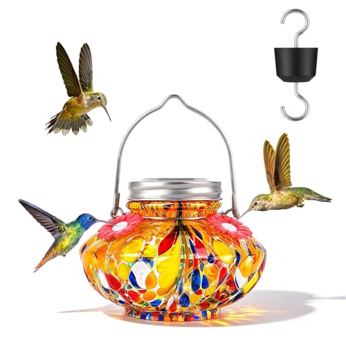 BOLITE Hummingbird Feeders for Outdoors, Hand Blown Top Fill Hummingbird Feeder, Glass Mason Jar with 4 Flower Feed Ports, Easy to Clean, Leak Proof, Bee Proof, Ant Moat, Orange, Gift for Bird Lovers - color: Orange