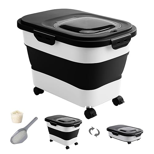 20-30 Lbs Rice Storage Container,Collapsible Food Storage Containers with Rolling Wheel Airtight Locking Lid,Flour Storage Container with Cup and Scoop,Suitable for Food,Rice,Pet Food,Flour - color: Black/20-30LBS