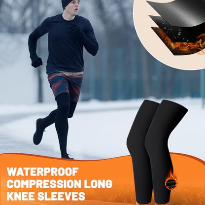 Cutecrop 2 Pairs Waterproof Fleece Thermal Winter Leg Sleeves Waterproof Cycling Compression Leg Warmers Long Knee Sleeve for Men Women Ski Walking Running Sport Basketball Football