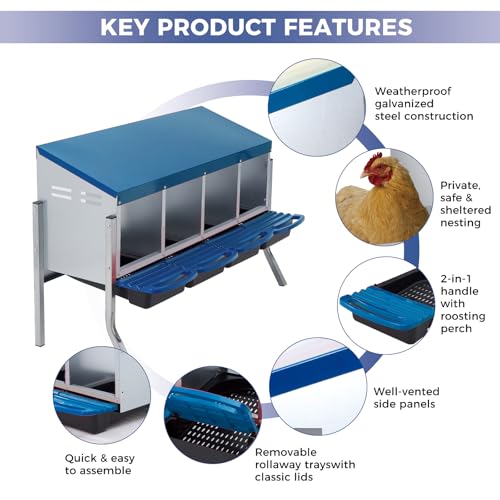 4 Hole Roll Away Chicken Nesting Box - Chickens Laying Box with Removable Tray, Easy Egg Collection & Cleaning, Metal Nesting Boxes for Backyard, Farm, Poultry Coop, with Bracket Legs - color: blue, size: 4 Compartments with legs