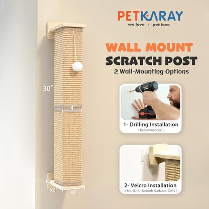 PETKARAY Wall Mounted Cat Scratcher, 30" Large Sisal Cat Scratcher for Wall, Square Sisal Cat Scratching Post with Toy Ball - size: Wall Post