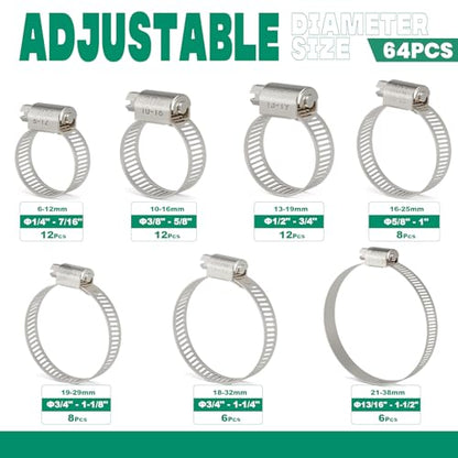 OURU 64PCS Hose Clamps Stainless Steel Assortment Adjustable 1/4"-1-1/2"(6-38mm) Worm Gear Hose Clamp, Heavy Duty Metal Small Hose Clamps for Automotive, Pipe, Radiator Plumbing, Fuel Line - size: 64PCS KIT-HOSE CLAMP(1/4"-1-1/2")
