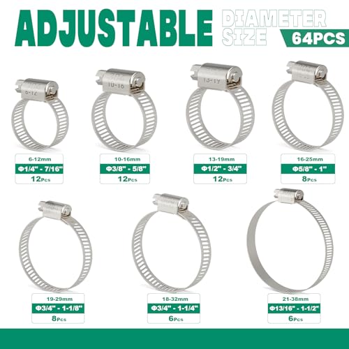 OURU 64PCS Hose Clamps Stainless Steel Assortment Adjustable 1/4"-1-1/2"(6-38mm) Worm Gear Hose Clamp, Heavy Duty Metal Small Hose Clamps for Automotive, Pipe, Radiator Plumbing, Fuel Line - size: 64PCS KIT-HOSE CLAMP(1/4"-1-1/2")