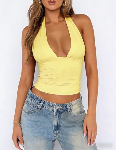 ForeFair Women Sexy Halter Neck Backless Going Out Crop Tank Top Deep V Neck Open Back Sleeveless Slim Fit Y2k Summer Tops - color: Light Yellow, size: Medium