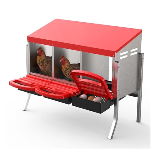 Metal Chicken Nesting Box with Easy-Collect Tray & Lid – 3/4/2x2 Compartment Heavy Duty Roll Away Nesting Boxes for Chickens, Wall Mount or Freestanding, Galvanized Steel Hen Laying Box for Coop - color: Red, size: 3 Holes with legs