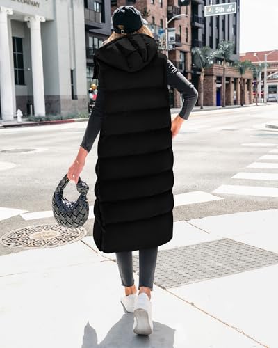 BTFBM Long Puffer Vest Women Quilted Hooded Button Down Zip Up Sleeveless Vests Outerwear Padded Jacket Fall Winter Coat - color: Black, size: Medium