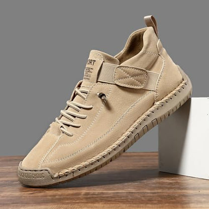 Womens Hand Stitching Leather Slip-On Ankle Boots with Adjustable Elastic Band Casual Lightweight Non-Slip Walking Loafers Retro High Top Flat Boat Shoes - color: Beige, size: 8.5 Wide
