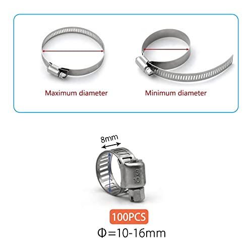 ZIPCCI Hose Clamp, 100 Pack Stainless Steel Hose Clamps Worm Gear Fuel Line Pipe Clamps, 10-16mm (1/2 inch) - size: 10-16mm (1/2inch)