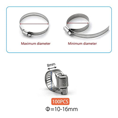 ZIPCCI Hose Clamp, 100 Pack Stainless Steel Hose Clamps Worm Gear Fuel Line Pipe Clamps, 10-16mm (1/2 inch) - size: 10-16mm (1/2inch)