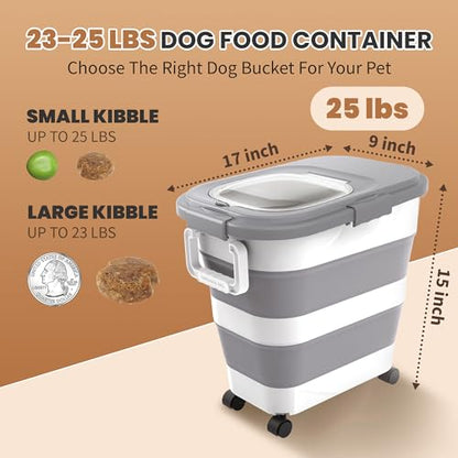 23-25 Lbs Airtight Dog Food Storage Container,Collapsible Dog Food Container with Lid,Wheels,Handle,Large Pet food storage Container with Scoop,Small Food Container for Dog Cat - color: Grey/25 LBS