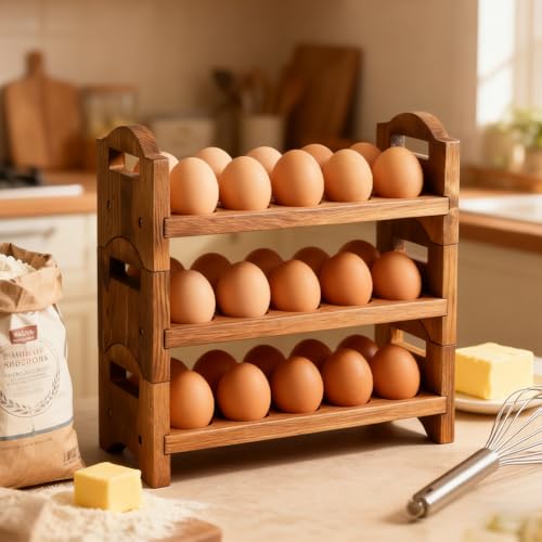 3-Tier Wooden Egg Holder Countertop, 36 Grid Stackable Farmhouse Egg Storage Rack, Rustic Kitchen Counter Decor Organizer For Fresh Chicken Duck Eggs, Housewarming Kitchen Gift