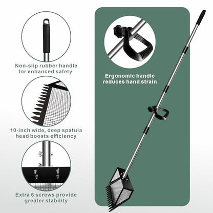 10" Chicken Poop Scooper & Rake Pooper Scooper Head for Sand Chicken Litter Scoop with Handle Litter Sifting Shovel with 29" to 56" Adjustable Handle Chicken Coop Accessories Tool for Clean