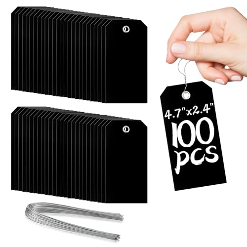 100 Pcs Waterproof Hanging Price Tags with String Attached - Black, 4 3/4" x 2 3/8" for Retail, Engraving, Gift, Equipment, Garage, Shelf Parts - color: Black, size: 4 3/4" x 2 3/8"