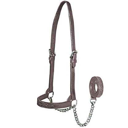 Derby Originals Premium Fancy Stitch Flat Leather Cattle Show Halter – Adjustable Fit with 48" Lead and 14" Chain, Small/Medium/Large – 1-Year Warranty - color: Havana, size: Medium (650-1050lbs)