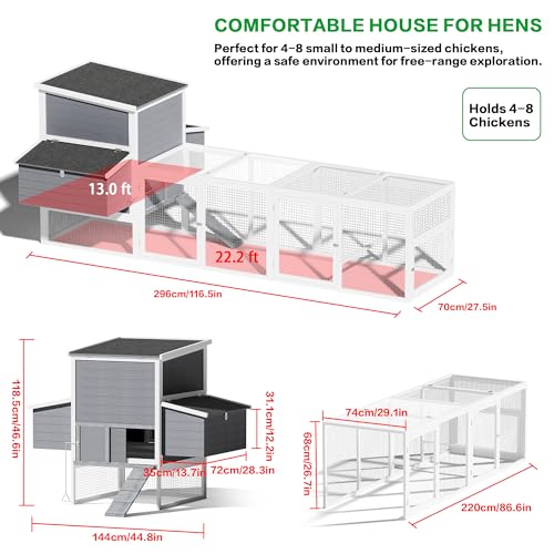 117''L Extra Large Chicken Coop with Run, Wooden Hen House for 4-8 Chickens, Outdoor Poultry Cage Rabbit Cage Duck House with 4 Nesting Boxes, Ramps & Tray, 116.5''L*59''W*46.6''H - size: 116.5''L*59''W*46.6''H
