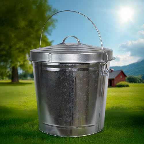 PLASTIC PRINCE 10 Gallon Small Metal Trash Can with Lid Outdoor Galvanized Bucket with Locking Lid for Bird Seed Storage Ash