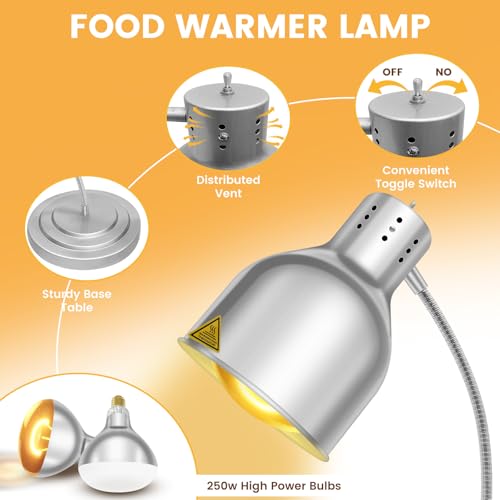 Food Heat Lamp, Commercial Food Warmer Lamp Includes 250W Infrared Bulb, 110V Stainless Steel Heat Lamps for Food Warming in Restaurant, Buffet, Catering, Home (Silver, 2 Bulbs)