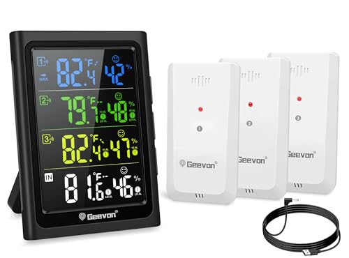 Geevon Weather Stations Wireless Indoor Outdoor Thermometer with 3 Outdoor Sensors, Large LCD Display Digital Temperature Humidity Gauge with Backlight (Color HD VA Display) - color: Color HD VA Display