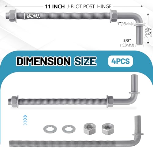 4 Pack 11" J-Bolt Gate Hinges with 5/8"-11 Galvanized J Bolt Threaded Hinges for Cattle Corral Panels, Chain Link Fence, Include Nuts Washers