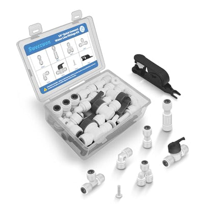 26Pcs 1/4" Quick Connect Water Line Fittings Kit, Push to Connect Fittings (Ball Valve, Check Valve, T, L, Y, I & Professional Tubing Cutter) for RO/DI, Refrigerator, Ice Maker