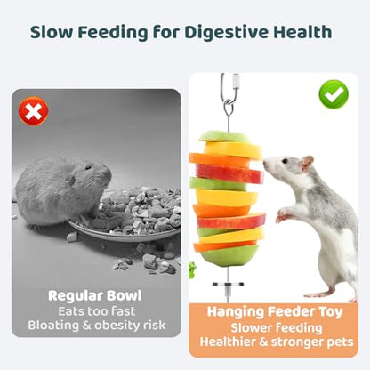 Rat Toys 2 Pack Cage Accessories, 304 Stainless Steel Veggie Fruit Slow Feeder Hanging Holder, Rodent Toys Foraging Enrichment Stuff for Bird, Fancy Mice, Hamster, Guinea Pig, Chinchilla Squirrel