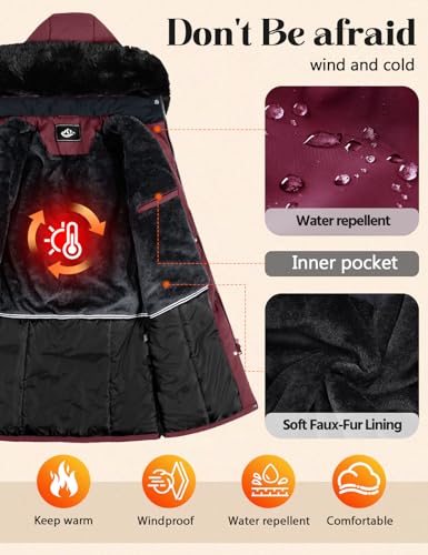 Womens Long Puffer Winter Coats Fleece Jacket Down Parka Warm Overcoat Thicken Quilted Jacket Removable Fur Coat - color: Wine Red, size: Medium