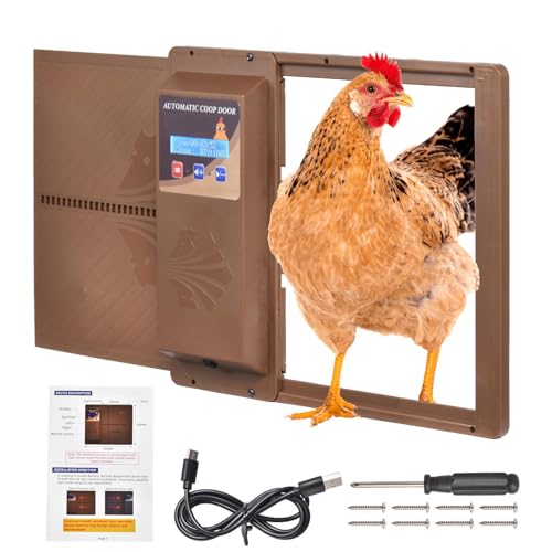 Automatic Chicken Coop Door Opener Battery/Plug-in with Timer Programmable Light Screen Weatherproof Easy to Install Auto Chicken Door with Anti-Pinch Feature for All Poultry Coops Work -15°F-140°F - color: Coffee