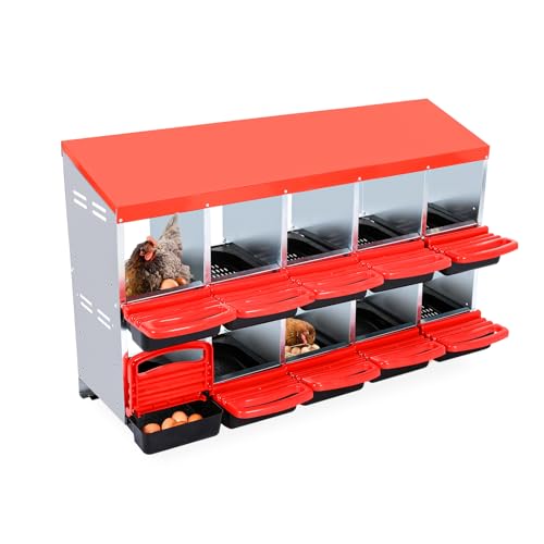 Chicken Nesting Box, 10 Compartment Roll Away Nesting Box for Eggs, Chicken Laying Box with Egg Collection, Cleanable Pull Out Hen Roosting Boxes ﻿ - color: Red, size: 47.2"L x 17.7"W x 35.4"H