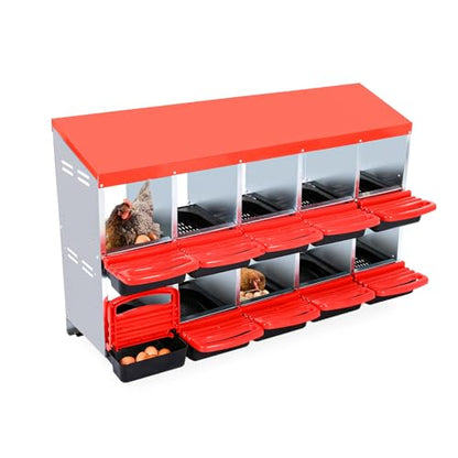 Chicken Nesting Box, 10 Compartment Roll Away Nesting Box for Eggs, Chicken Laying Box with Egg Collection, Cleanable Pull Out Hen Roosting Boxes ﻿ - color: Red, size: 47.2"L x 17.7"W x 35.4"H
