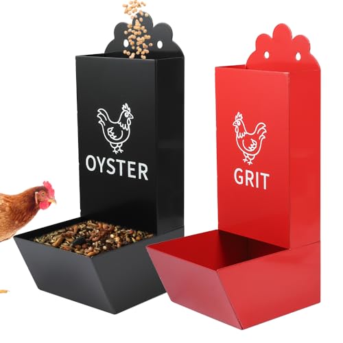 Kalekey 2 Pack Metal Chicken Feeder, Oyster Shell and Grit Feeder Hanging/Ground Chicken Coop Feeder with Durable Iron Construction for Hens & Chicks (Black & Red)