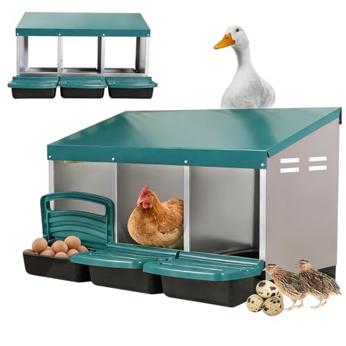 Chicken Nesting Boxes, 3 Compartments Egg Collection with Removable Drawer, Chicken Metal Laying Nest Box for Hens, Easy to Assemble, for Chicken Coop, Green - color: Green