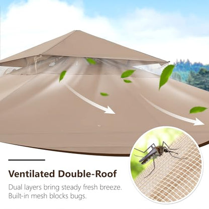 MASTERCANOPY Outdoor Patio Gazebo with Double Roofs, Stable Steel Frame and Mosquito Netting (11x11,Khaki) - color: Khaki, size: 11x11