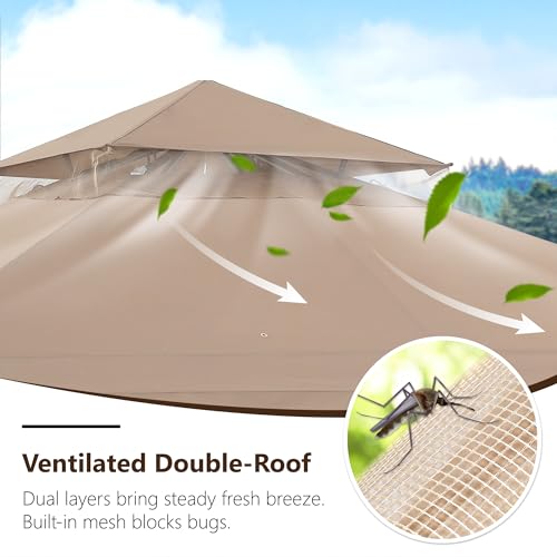 MASTERCANOPY Outdoor Patio Gazebo with Double Roofs, Stable Steel Frame and Mosquito Netting (9x9,Khaki) - color: Khaki, size: 9x9