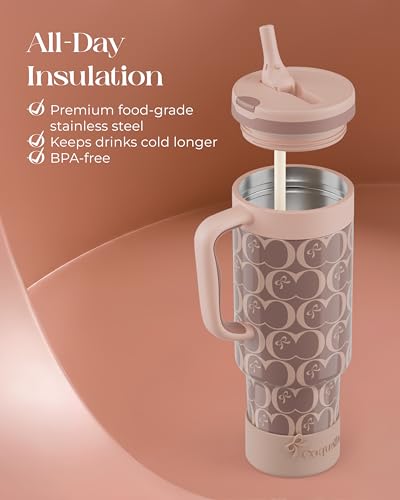 40 oz Insulated Tumbler with Handle and Push-Button Straw Lid, Stainless Steel Travel Cup for Gym Office, Leakproof, BPA-Free, Cup Holder Friendly, Bow Silicone Boot, Brown (C’ Espresso) - color: C’ Espresso