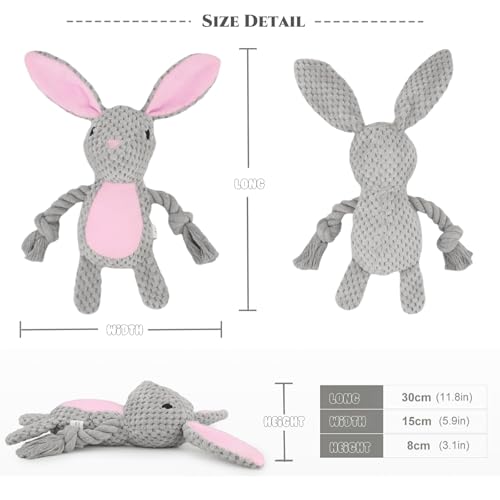 Bunny Dog Toy with Rope Arms – Squeaky Plush Rabbit for Small & Medium Dogs, Soft Chew & Tug Toy for Interactive Play, Easter Puppy Toy Gift - color: Grey