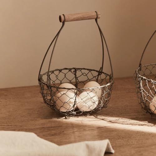 Farmhouse Wire Egg Basket for Collecting Fresh Eggs with Handles, Round Metal Egg Collection Basket, Countertop Egg Storage Basket(Medium)