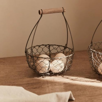 Farmhouse Wire Egg Basket for Collecting Fresh Eggs with Handles, Round Metal Egg Collection Basket, Countertop Egg Storage Basket(Medium)
