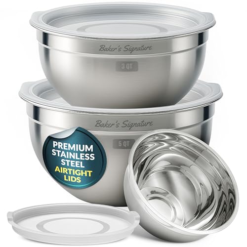 Baker's Signature Stainless Steel Mixing Bowls With Lid, Metal Mixing Bowl Set Of 3, Nesting Set For Food Prep, Baking,Storage, Cooking, Serving | Dishwasher Safe, Silver, 1.5/3/5 Qt - size: Set of 3