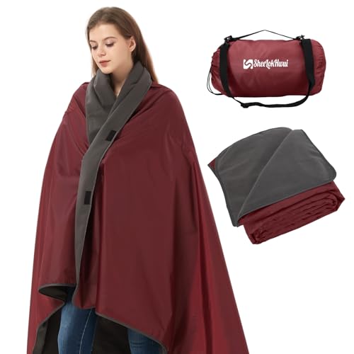 4-in-1 Large Camping Blankets - Waterproof, Windproof Fleece Outdoor Blankets for Stadium, Sports, Car, Concert - 81"x57", Portable (Antique Ruby) - color: Antique Ruby, size: Regular
