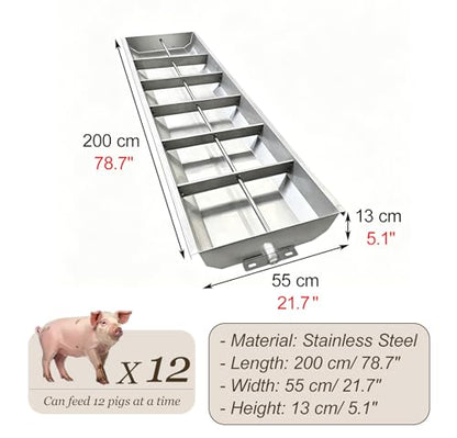 39 79 in Long Feed Trough with Separated Fence, Heavy Duty Stainless Steel Goat Feeder, Livestock Water Trough for Sheep, Horse, Hog(L200cm/78.7"(12 Slots)) - size: L200cm/78.7"(12 Slots)