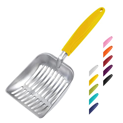 WePet Cat Litter Scoop, Aluminum Alloy Sifter, Kitty Metal Scooper, Deep Shovel, Long Handle, Poop Sifting, Kitten Pooper Lifter, Durable, Heavy Duty, for Litter Box - color: FLAT Aluminum \ #04 Yellow Handle, size: Small
