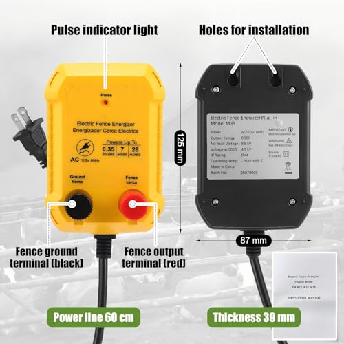 MorningRo Electric Fence Charger Set 110VAC 0.35 Joule Electric Plug in Fence to Contain Pet Poultry Keep Rodent, 50 Black Insulator and 1 Socket Tool 250ft Aluminum Wire for Garden Pond Protection - style: 0.35 Joule