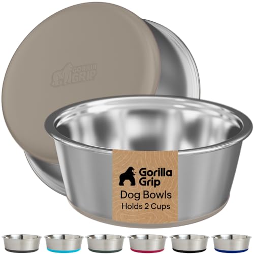 GORILLA GRIP Dog Bowls, Food Grade 304 Stainless Steel, Holds 2 Cups Each (16 fl oz) Food and Water Bowl for Feeding Dogs and Cats, Dishwasher Safe, Rust Resistant, BPA Free Rubber Base Set of 2 Beige - color: Beige, size: 2 Cup (16 Oz)