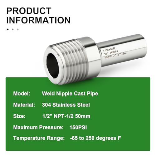 TAISHER 5PCS 304 Stainless Steel Pipe Fittings, 1/2" NPT Male Threaded, 2" Length Weld Nipple Cast Pipe - size: 1/2" NPT x 1/2" OD(2" Length)