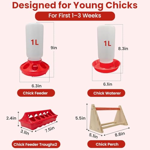 2026 New Chick Feeder and Waterer Starter Kit with Roost Bar,4-Piece Baby Chick Supplies Set with 2 Trough Feeders and No-Leak Water Dispenser for Chicks,Quail,Ducklings,and Small Poultry Brooder