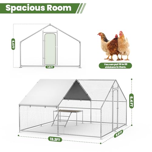 Large Chicken Coop with Roosting Ladder, Waterproof and UV-Resistant Cover, 13.1' W x 9.8' L x 6.4' H Outdoor Walk-in Cage Chicken Run for Yard Farm Rabbit Duck Chicken, Spire Roof - size: 13.3x10.1Ft