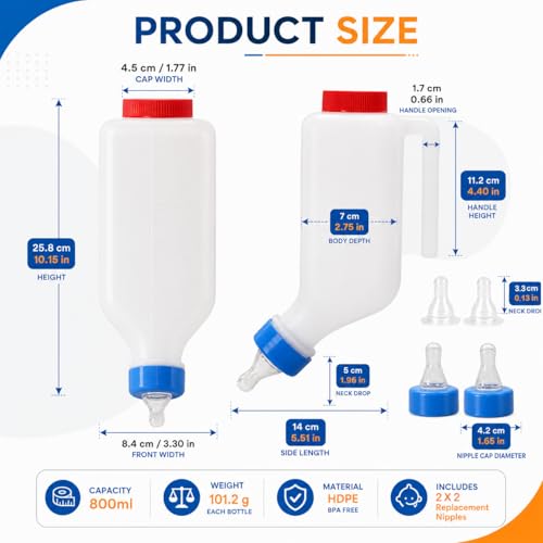 2 Pack 800ml Goat Feeder Bottles for Baby Goats, Lamb Feeding Bottle with Upgraded Sealing Gaskets, 2x2 Extra Durable Nipples, Hanging Animal Milk Nursing Bottles for Lambs, Piglets, Puppies