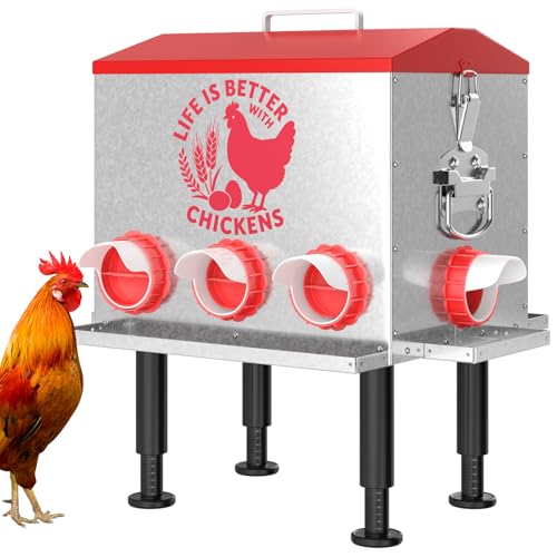Pawaboo 55LBS Large Capacity Automatic Chicken Feeder - 2026 Upgraded No Waste Poultry Feeder, 7 Feeding Ports, Viewable Feed Level Window, Height-Adjustable Legs + Wobble-Free Stability - color: Red + Silver