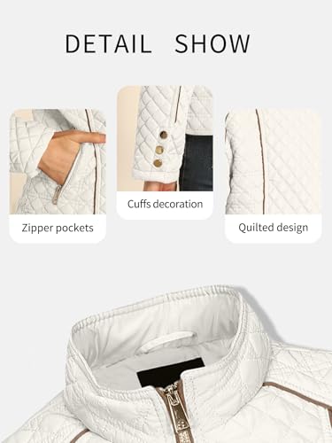 Bellivera Women's Stand Collar Lightweight Quilted Puffer Jacket | Casual Padded Zip Long Sleeve Coat for Spring and Winter with Pockets - color: White, size: Medium