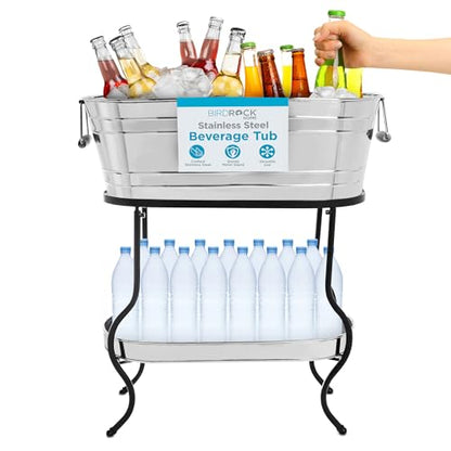 BIRDROCK Home Stainless Steel Beverage Tub with Stand - Bottom Tray - Ice Bucket - Party Drink Holder - Wooden Handles - Outdoor or Indoor Use - Free Standing